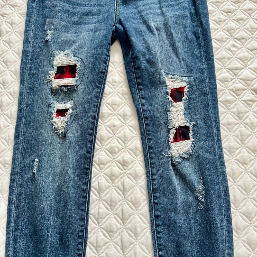 Judy Blue Distressed Skinny Red Buffalo Plaid Denim Blue Jeans Size 9/29 - Picture 4 of 15
